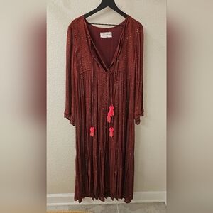 Sundress Bohemian Burgundy Maxi Dress with Tassels